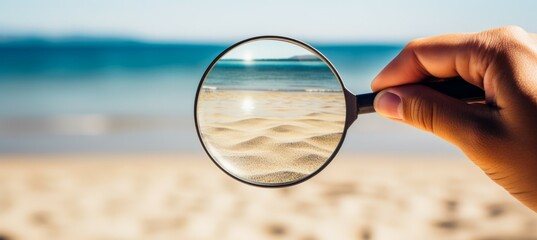 Magnifying glass pointing on beach background. Generative AI technology.