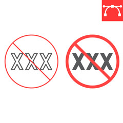 No XXX line and glyph icon, prohibition and forbidden, no porn sign, vector graphics, editable stroke outline sign, eps 10.
