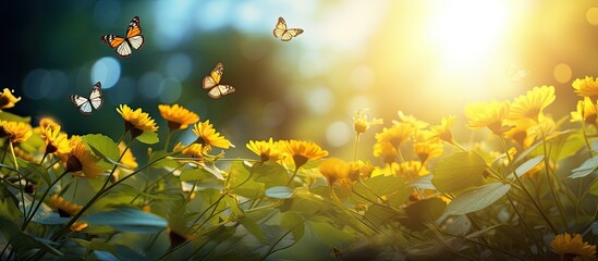 Butterflies gracefully hover over yellow flowers, in a picturesque natural setting with lush greenery, clear skies, and radiant sunlight.