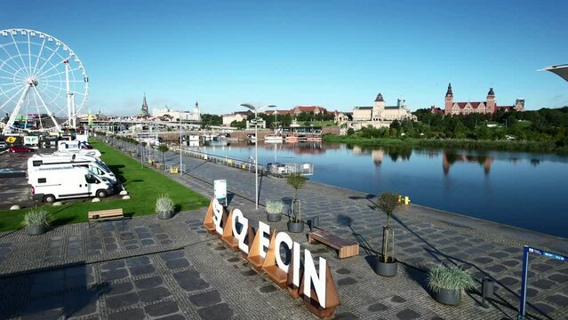 Szczecin, Poland - Aerial fly over above the beautiful polish city of Szczecin during summer