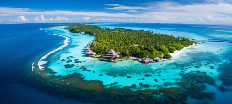 Tropical island beach resort. Summer tropical sea water. Generative AI technology.