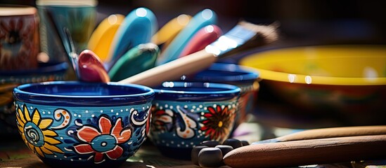 Colorful utensils with intricate brush-painted details in traditional hand-painted blue pottery crafts