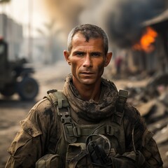 Fototapeta premium portrait of the special forces soldier on battlefield.