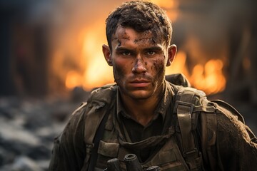 portrait of the special forces soldier on battlefield.
