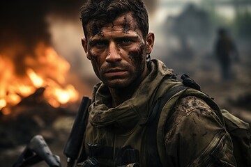 portrait of the special forces soldier on battlefield.