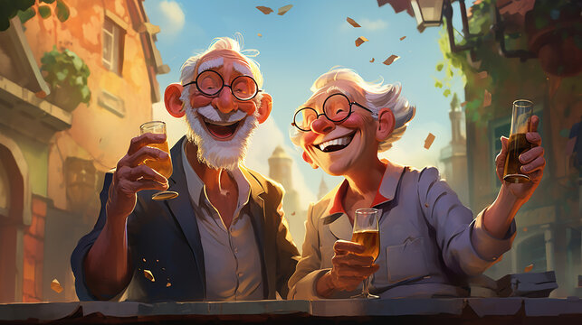 Chromatic Chuckles: Old Men Sharing Laughter in Exaggerated Colorized Caricature - Generative AI