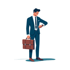 Standing businessman carrying a briefcase and looking at watch flat design vector illustration.