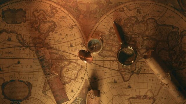 Compass and magnifier on a old vintage world map with countries and continents. Retro style. Concept of geography or global history and cartography. Wars of conquest and navigation. 4K ProRes