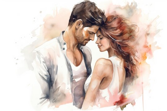 romantic couple in watercolor style on white background, copy space , generative ai