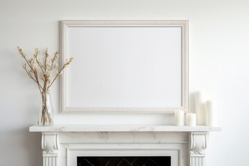 Empty white wooden picture frame mockup in a cozy posh luxurious interior design with fireplace, white panel walls, parisian style look, decorative flowers and vases