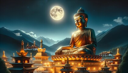 Buddha statue in the night with full moon.