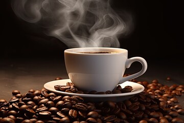 Photo cup of coffee with smoke and coffee beans  
