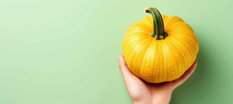 Hand holding yellow pumpkin. Copy space for text and advert. Generative AI technology.