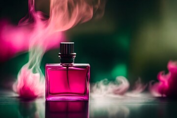 Obraz na płótnie Canvas pink and green perfume bottle presentation mockup , burning hot flames background