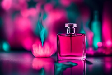 Obraz na płótnie Canvas turquoise and pink perfume bottle presentation mockup , strong bokeh background