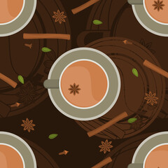 Editable Top View Indian Masala Chai with Assorted Herb Spices Vector Illustration Seamless Pattern With Dark Background for South Asian Beverages Culture and Tradition