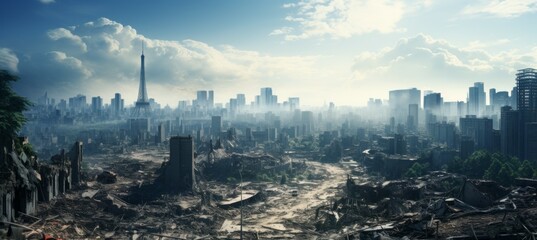 Post apocalypse city background after nuclear war. Destroyed city buildings. Generative AI technology. - obrazy, fototapety, plakaty