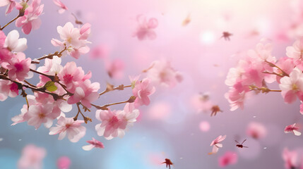 sakura flower and flying petals on spring background.