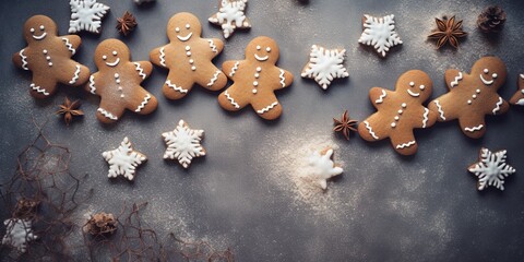 Gingerbread cookies arranged in a festive scene for Christmas celebration.