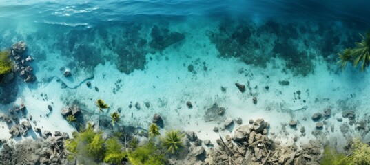 Top aerial view clear blue water and coral reef. Generative AI technology.	
