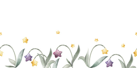 Watercolor hand drawn illustration, magical star flowers, leaves and stems growing in line. Seamless border Isolated on white background. For kids, children bedroom, fabric, linens print, cards art