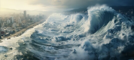 Mega tsunami waves hit the coast city. Nature disaster. Generative AI technology.	
