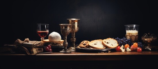 Fototapeta na wymiar Elements of Communion on a Dark Table