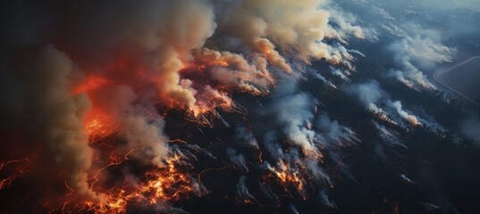 Aerial view forest wildfire background. Generative AI technology.