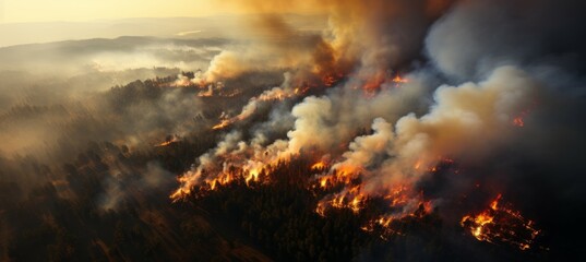 Burning forest wildfire background. Generative AI technology.	
