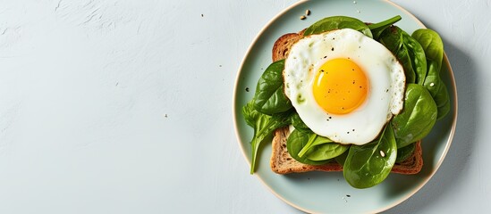 Avocado, spinach, fried egg on toast, viewed from above.