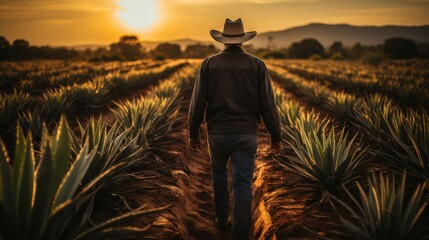Portrait of farmer in cowboy hat on agave field on sunset - obrazy, fototapety, plakaty
