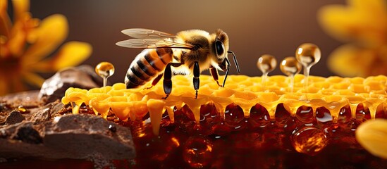 A bee transforms nectar into honey on a honeycomb. - obrazy, fototapety, plakaty