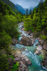 Spectacular Soca river in the forest, Bovec, Slovenia