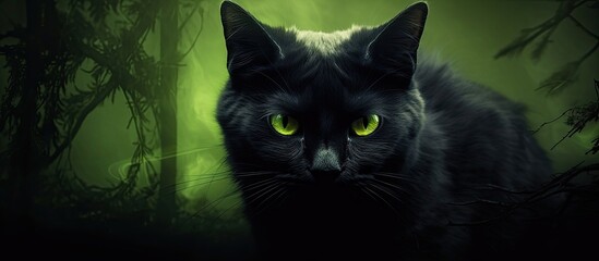 isolated night, a cute black cat with piercing green eyes sits in front of a tree, its face illuminated by the lightning, creating a striking portrait that captures the captivating concept of the