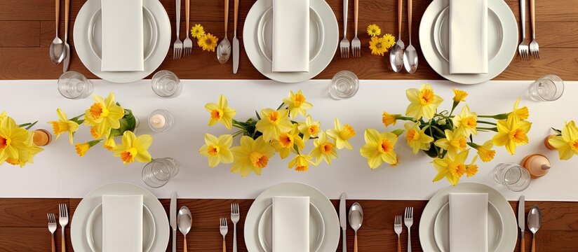 Bird's Eye View Of Table Setting With White Plates, Cutlery, Yellow Daffodils, Wooden Table, And Chairs On Tiled Floor.