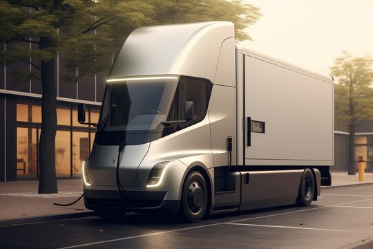 electric truck standing by the charging station, Generative AI