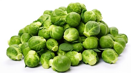 A bountiful pile of fresh Brussels sprouts glistens on a pristine white background, inviting you to savor their vibrant green goodness. Generative AI.