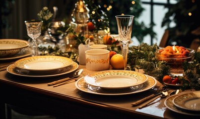 Naklejka premium A beautifully decorated table awaits guests for a perfect Christmas dinner. Generative AI.