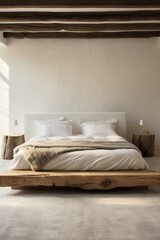 A modern bed with reclaimed wood beams for legs, featuring modern bedding in a white room. Generative AI.