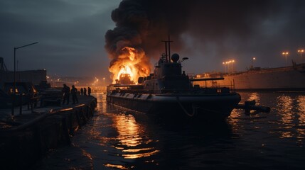 Burning naval vessel in the port. AI
