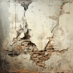 A weathered cement wall with abstract cracks and stains, reminiscent of a bygone era. Generative AI.