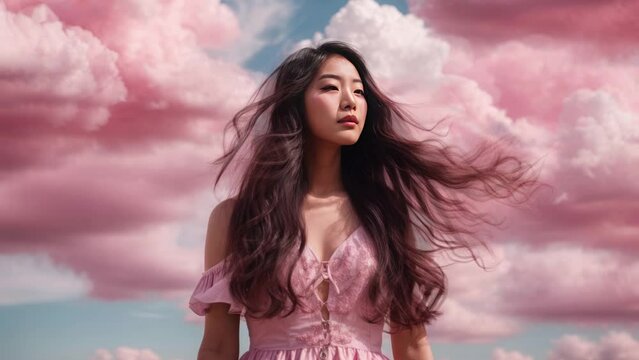 Beautiful Asian girl with long, flowing hair. Wear pink shoes in the style of clouds and dreams, pastel, beautiful, cosmic