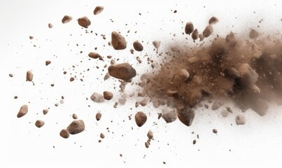 flying debris, pebbles with dust, isolated on a white background, Generative AI - obrazy, fototapety, plakaty