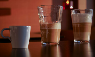 coffee. the drink based on coffee in different containers. detail.