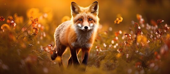 Obraz premium A cute red fox runs on an orange meadow in autumn, surrounded by the beauty of a wild forest habitat during sunset in Poland, Europe.