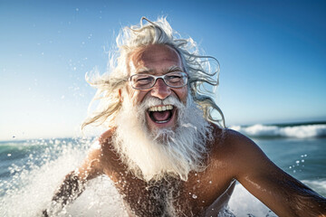 An elderly man with a beard swims in the sea waves. Close-up portrait. Happy emotions. Active lifestyle. Relaxation on the beach.