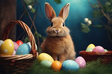 The bunny is sitting near a basket of easter eggs, Generative AI