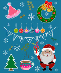 Illustration Christmas Day with Santa Claus, happy festival, winter, gifts, toys, decorations, Christmas tree, snowflakes, hanging flags, winter hats, cute.