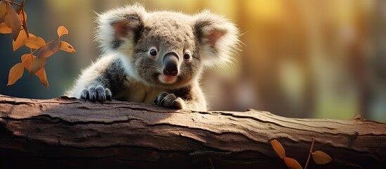 Baby koala moves on branch - obrazy, fototapety, plakaty