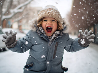 child screaming in joy while playing in snow with snow flakes filling the air